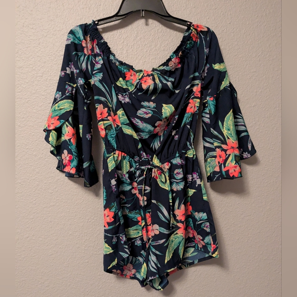 Blush Off The Shoulder Tropical Floral Romper Ruffle Sleeves Short Jumpsuit Sz M